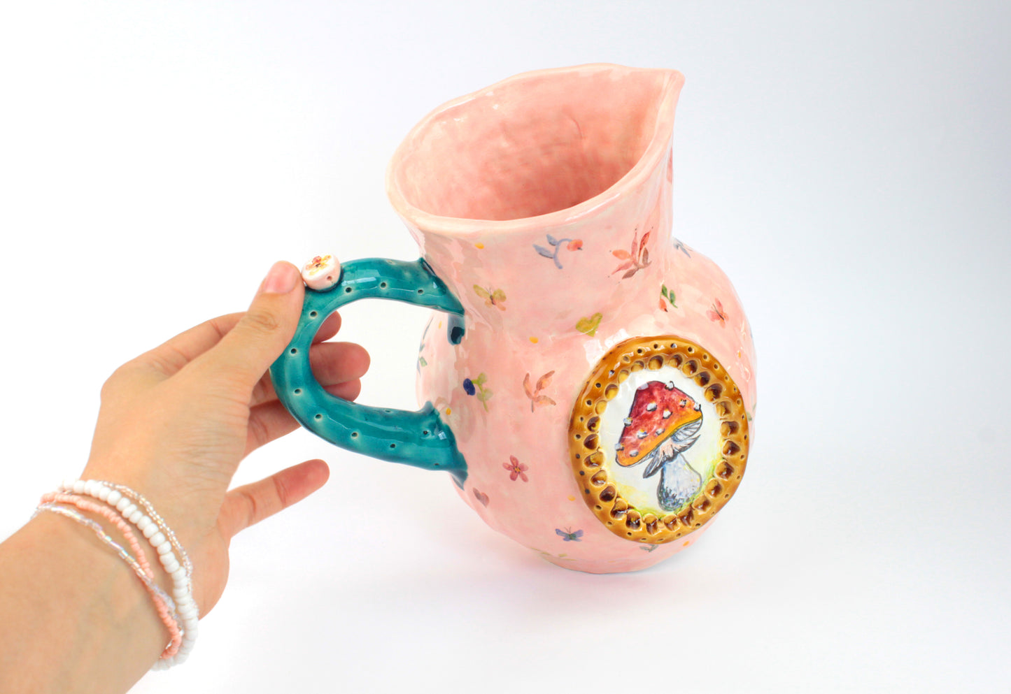 Large Pink Jug With Naive Hand Painting And Framed Amanita Mushroom