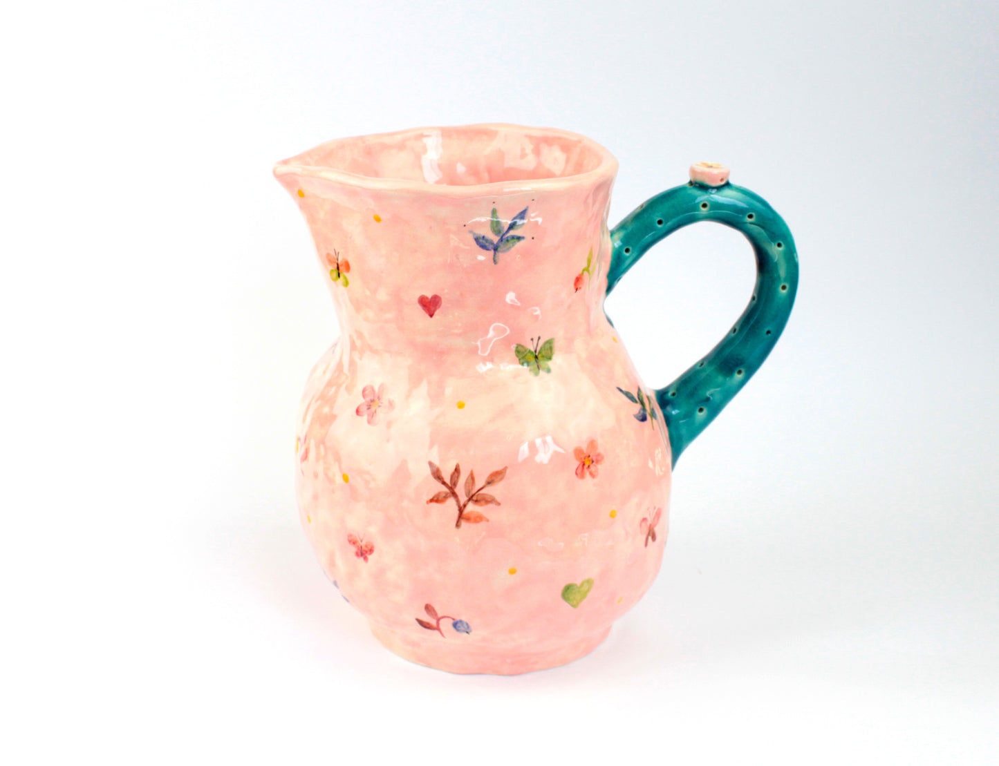 Large Pink Jug With Naive Hand Painting And Framed Amanita Mushroom