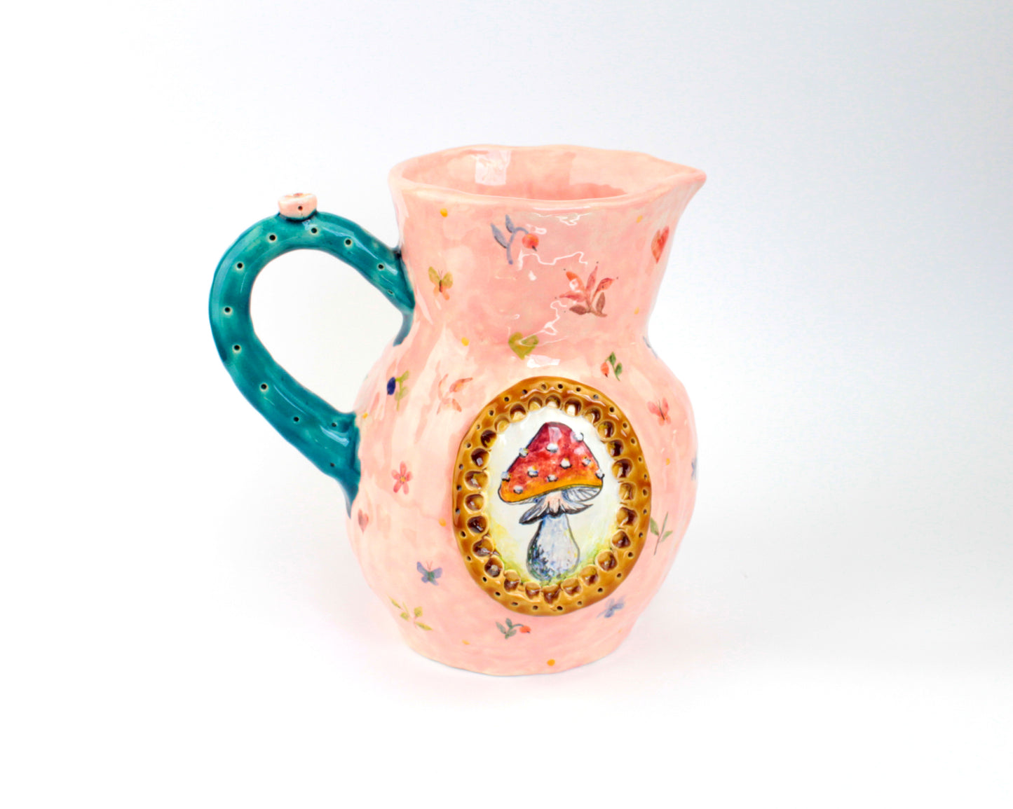 Large Pink Jug With Naive Hand Painting And Framed Amanita Mushroom