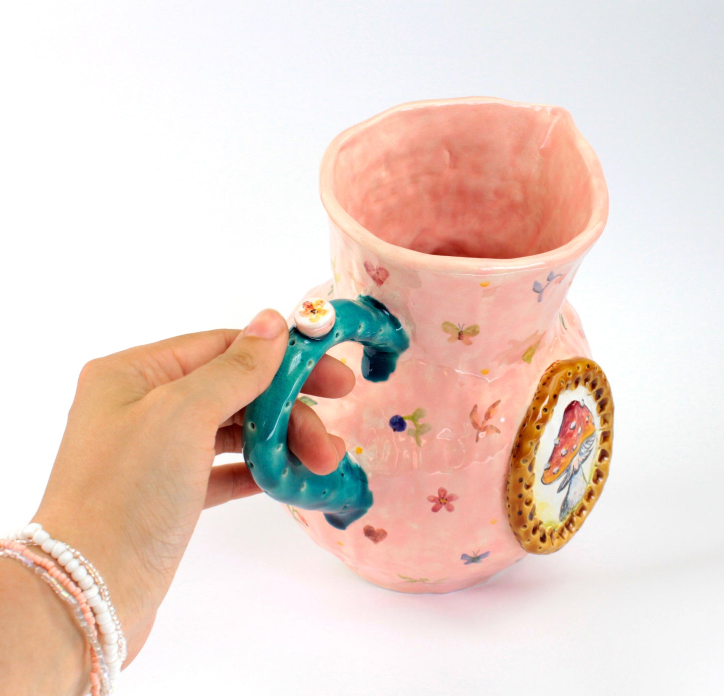 Large Pink Jug With Naive Hand Painting And Framed Amanita Mushroom