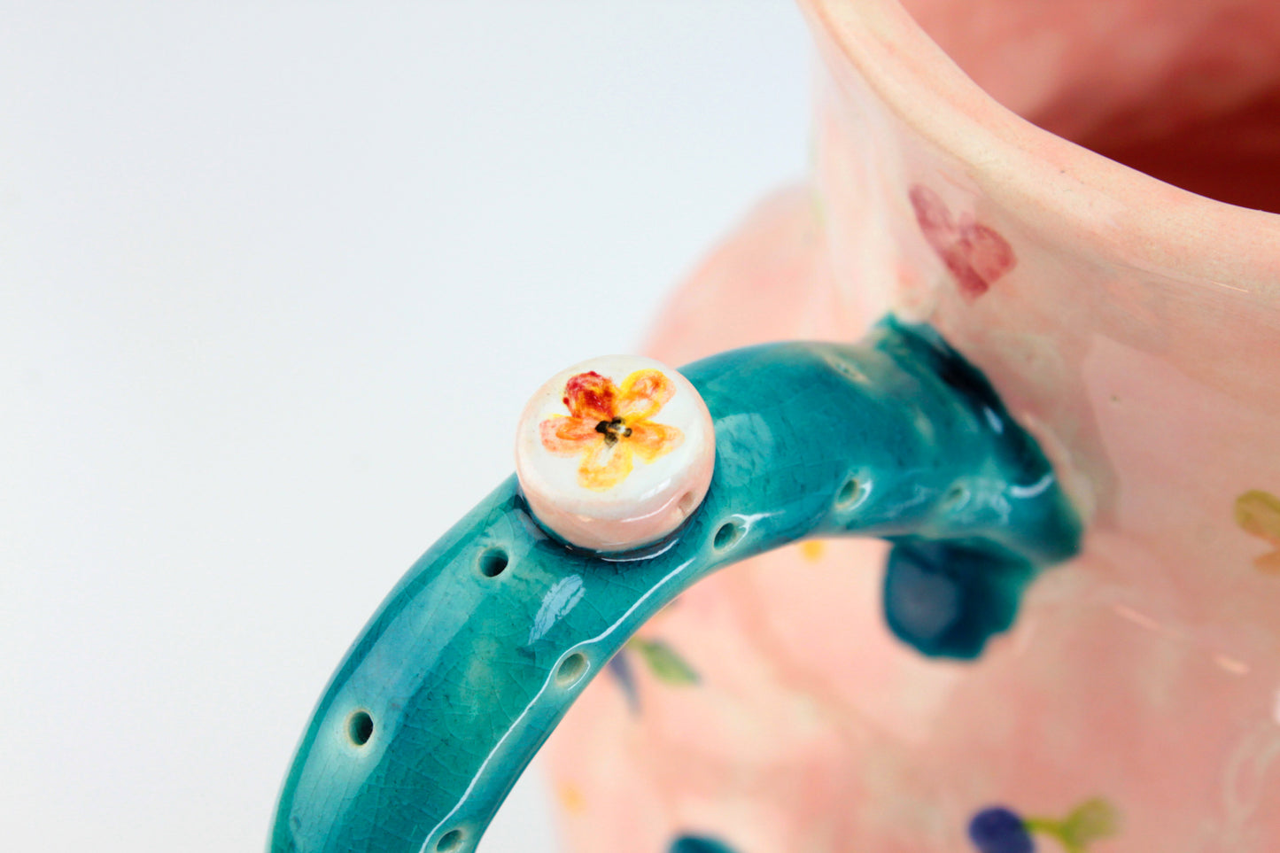 Large Pink Jug With Naive Hand Painting And Framed Amanita Mushroom