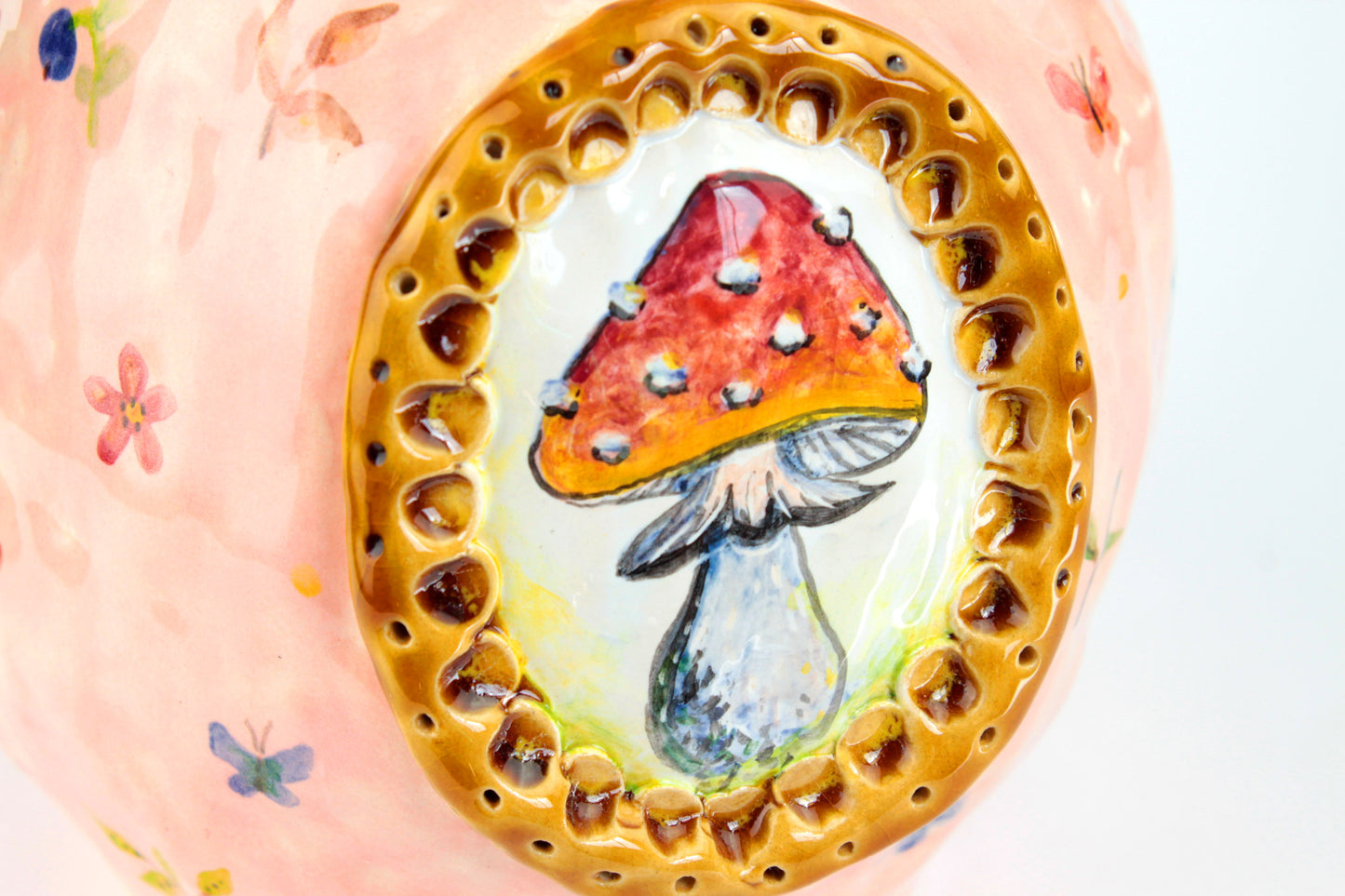 Large Pink Jug With Naive Hand Painting And Framed Amanita Mushroom