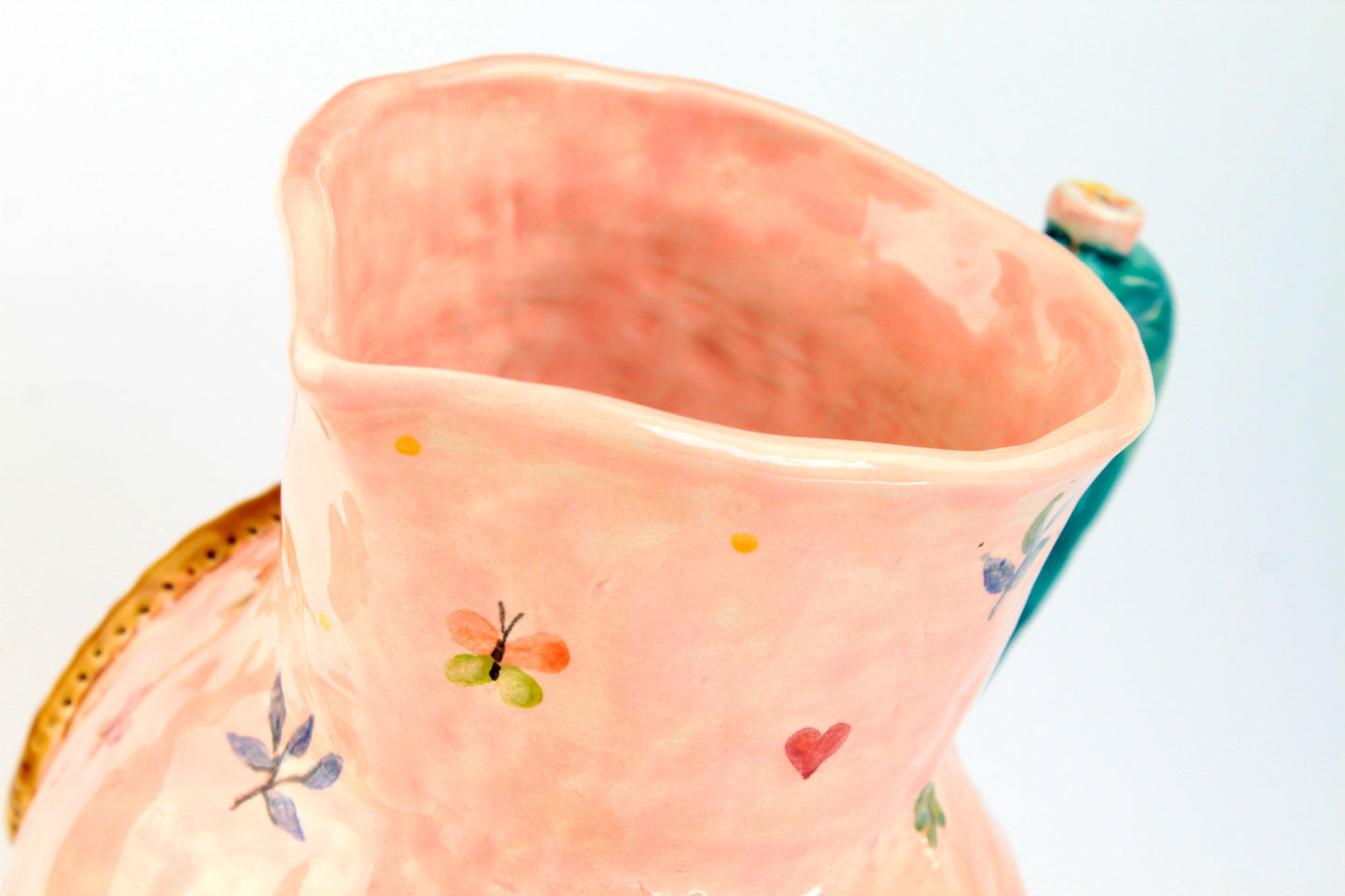 Large Pink Jug With Naive Hand Painting And Framed Amanita Mushroom