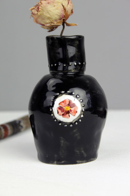 Black vase with flower, pottery vase, ceramic vase, small vase with relief, boho vase, black little vase with rose hip