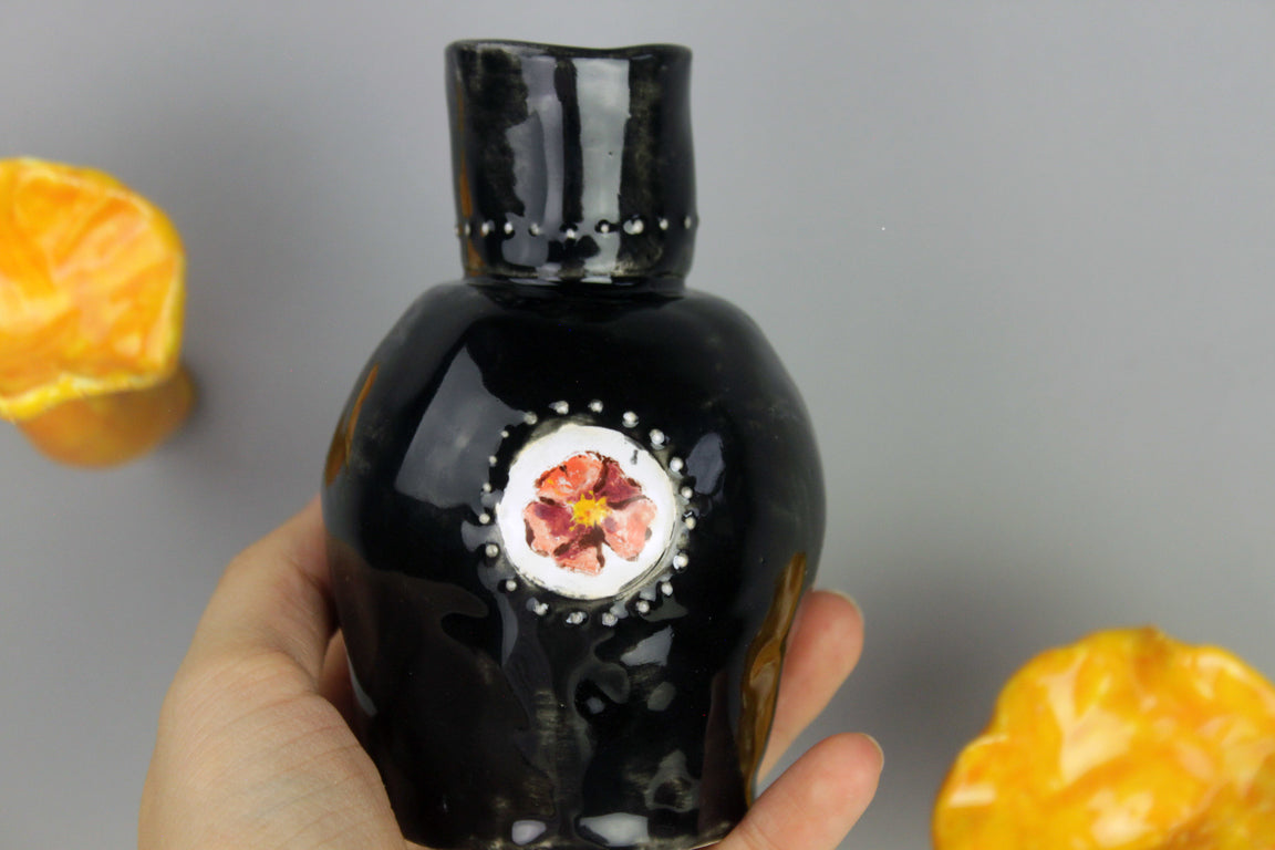 Black vase with flower, pottery vase, ceramic vase, small vase with relief, boho vase, black little vase with rose hip