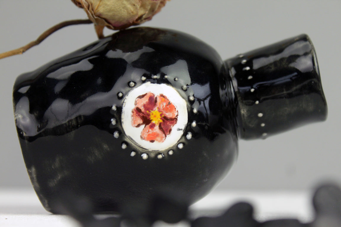 Black vase with flower, pottery vase, ceramic vase, small vase with relief, boho vase, black little vase with rose hip