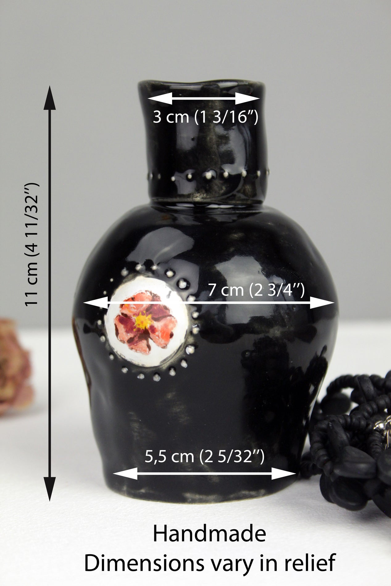 Black vase with flower, pottery vase, ceramic vase, small vase with relief, boho vase, black little vase with rose hip