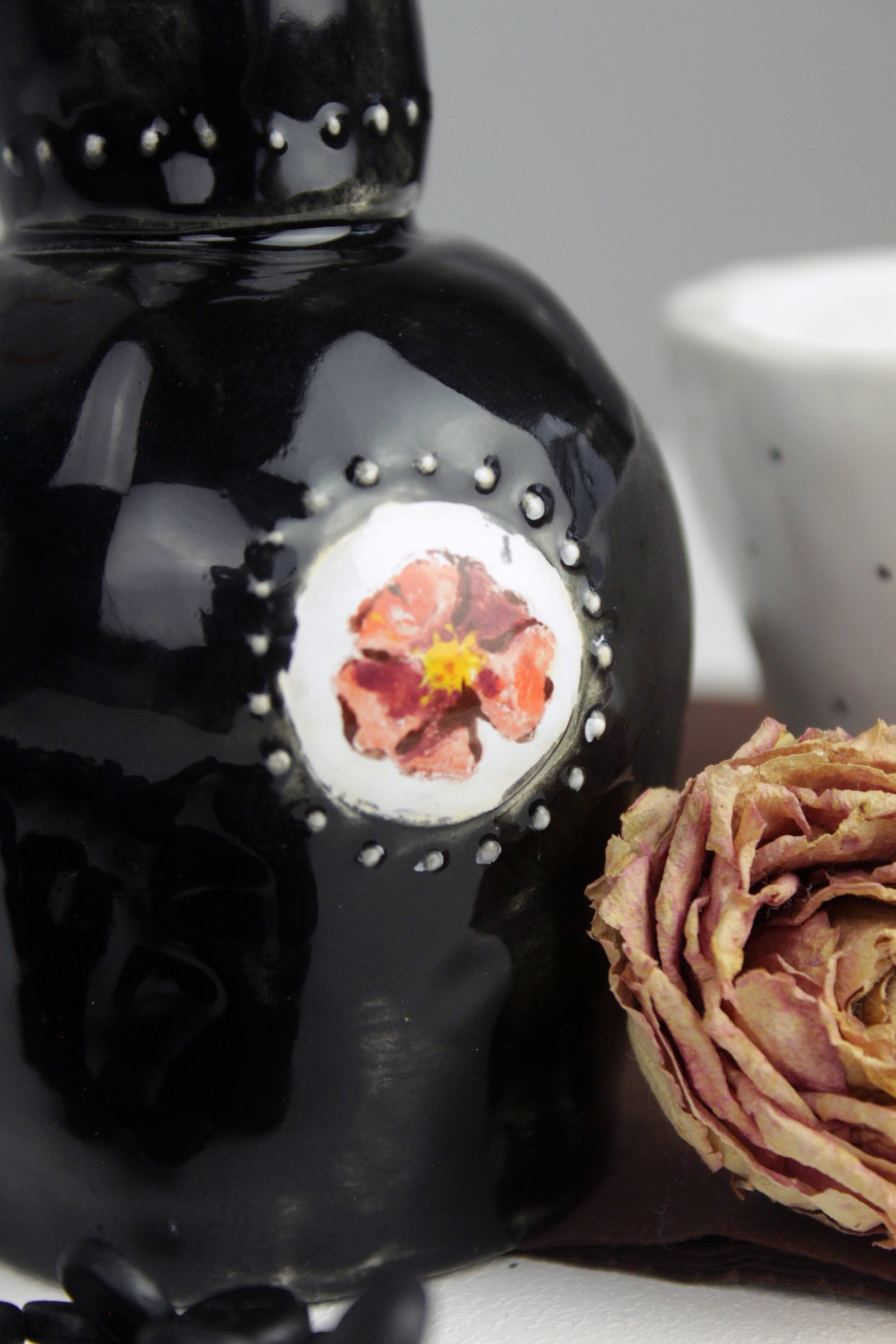 Black vase with flower, pottery vase, ceramic vase, small vase with relief, boho vase, black little vase with rose hip